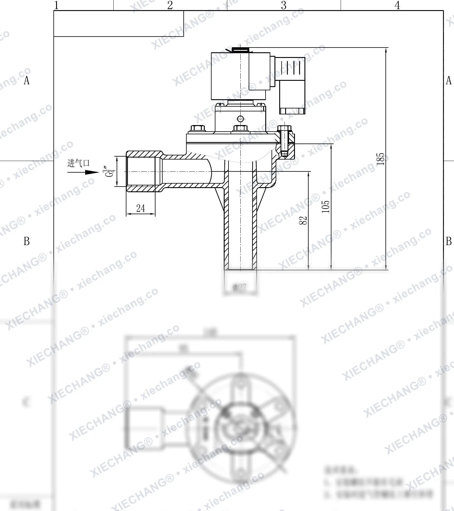 DCF-2L-B · 3/4" · شیر پالسی زاویه‌دار (نوع B) — نقشه نصب