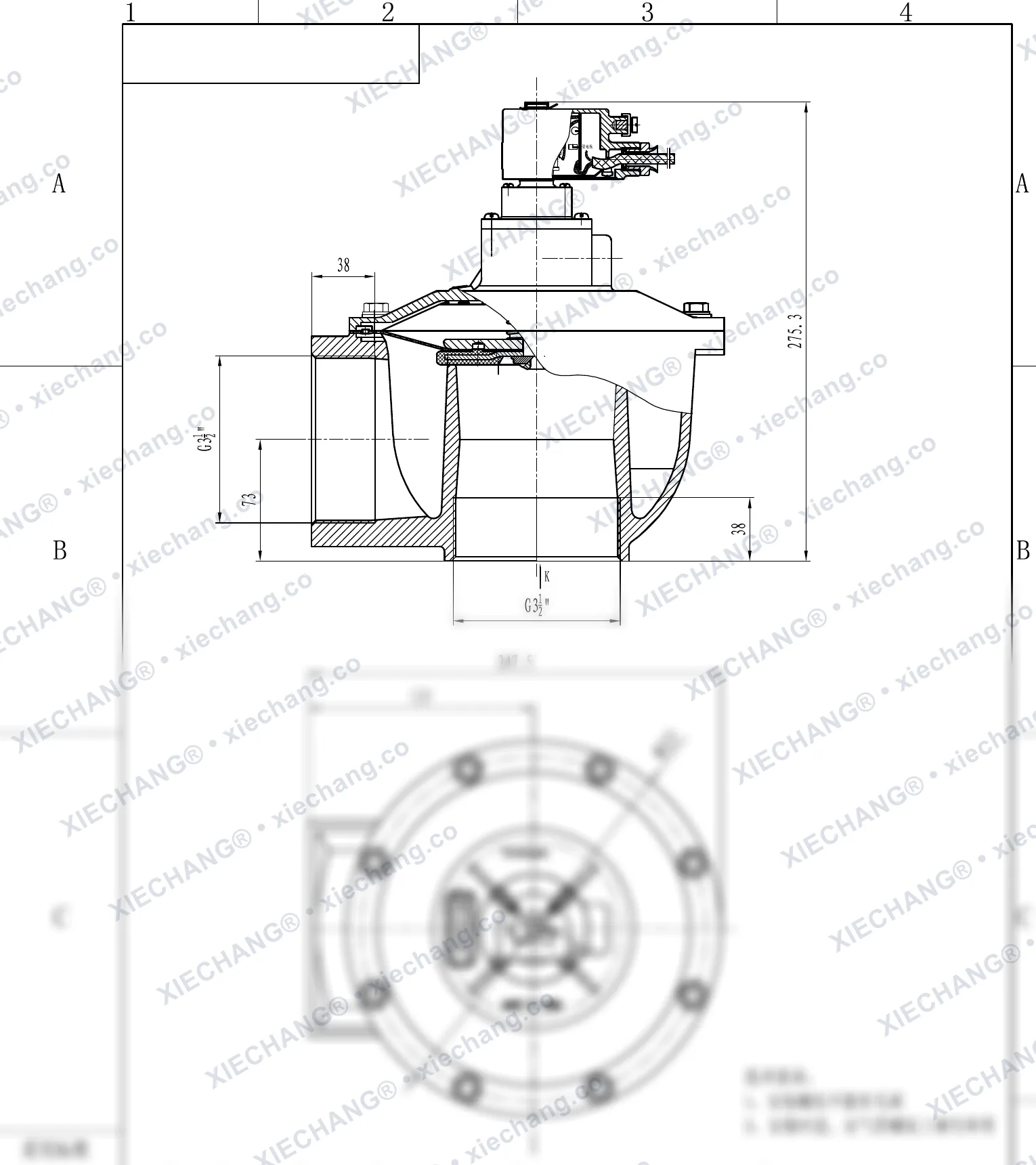 DCF-F-Z-102S.B · 4" (DN102) · شیر پالسی زاویه‌دار ضدانفجار — نقشه نصب
