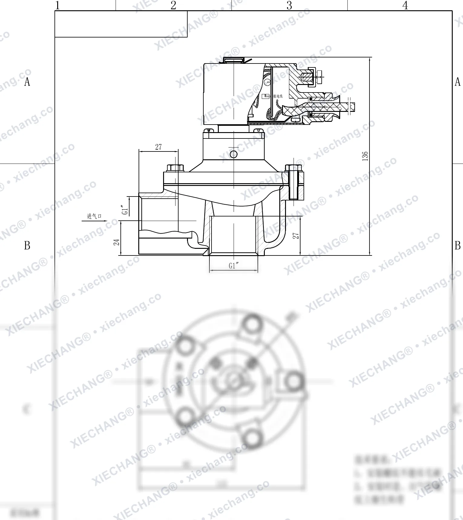 DCF-F-Z-25 · 1" (DN25) · شیر پالسی زاویه‌دار ضدانفجار — نقشه نصب