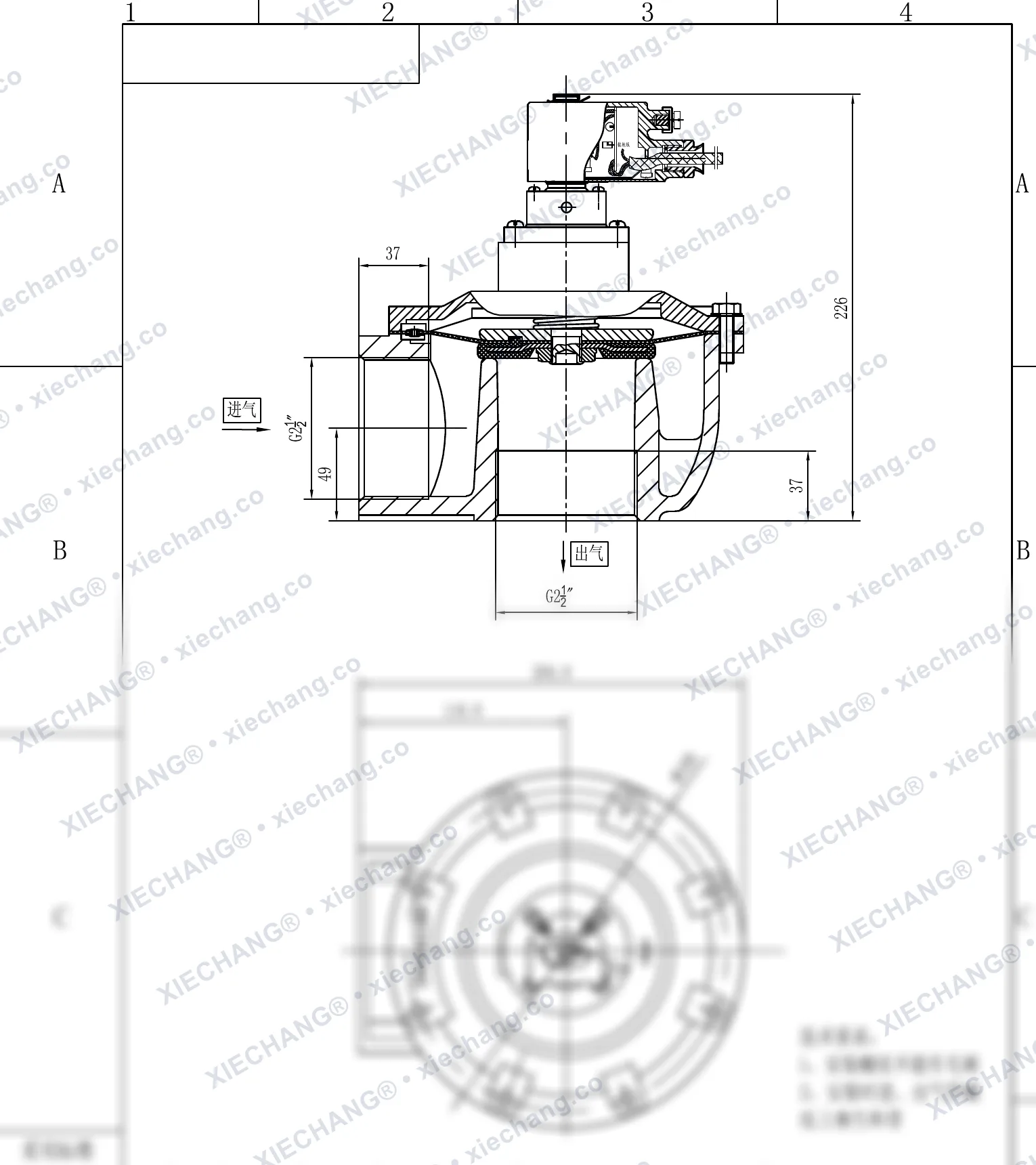 DCF-F-Z-62S · 2½" (DN62) · شیر پالسی زاویه‌دار ضدانفجار — نقشه نصب