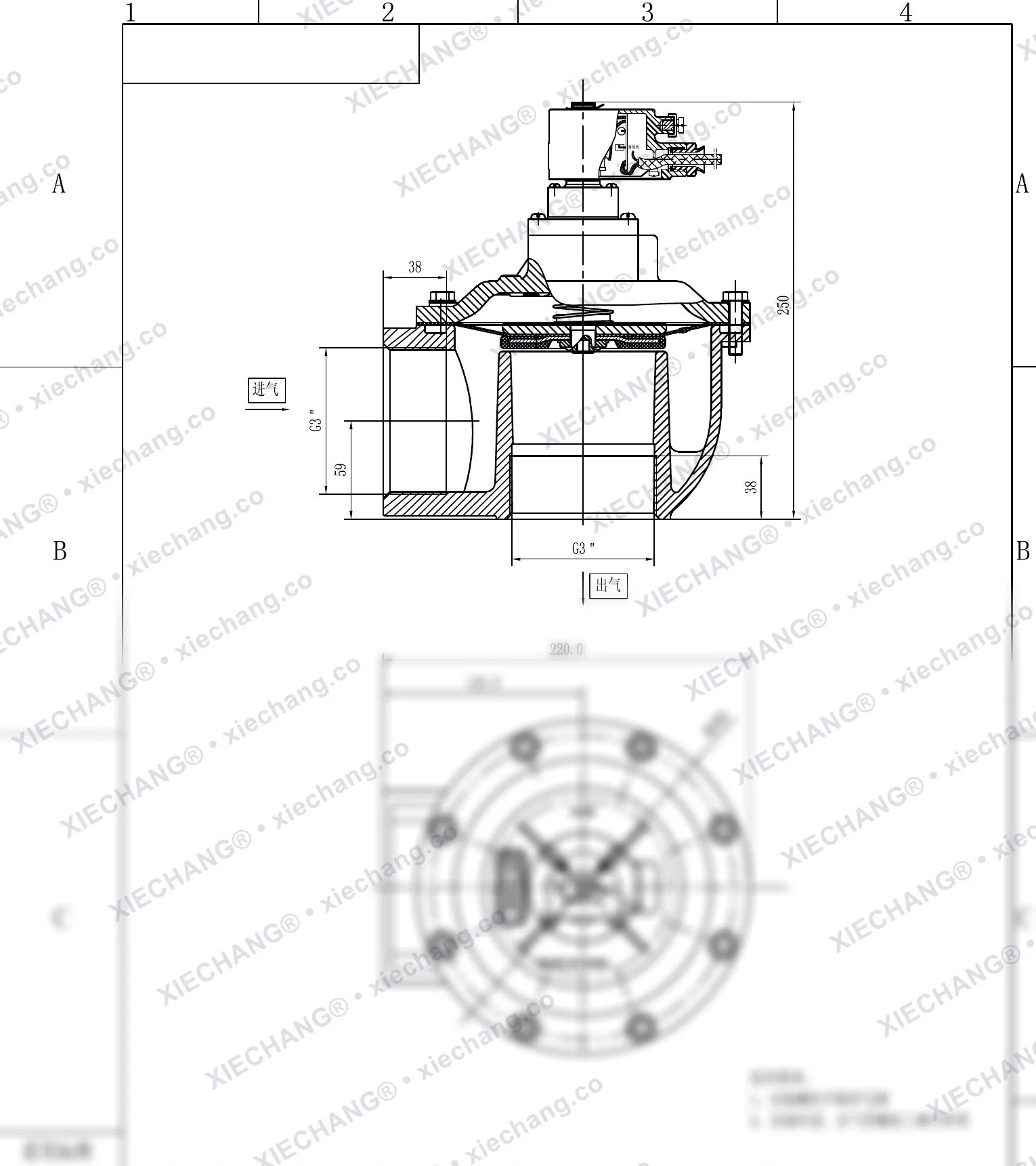 DCF-F-Z-76S · 3" (DN76) · شیر پالسی زاویه‌دار ضدانفجار — نقشه نصب